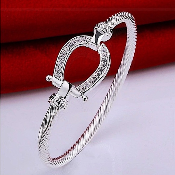 STERLING SILVER ZIRCON HORSESHOE BANGLE BRACELET - Picture 6 of 7